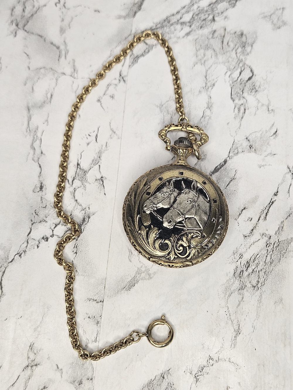 Vintage Colibri 2 Horses Pocket Watch with Chain